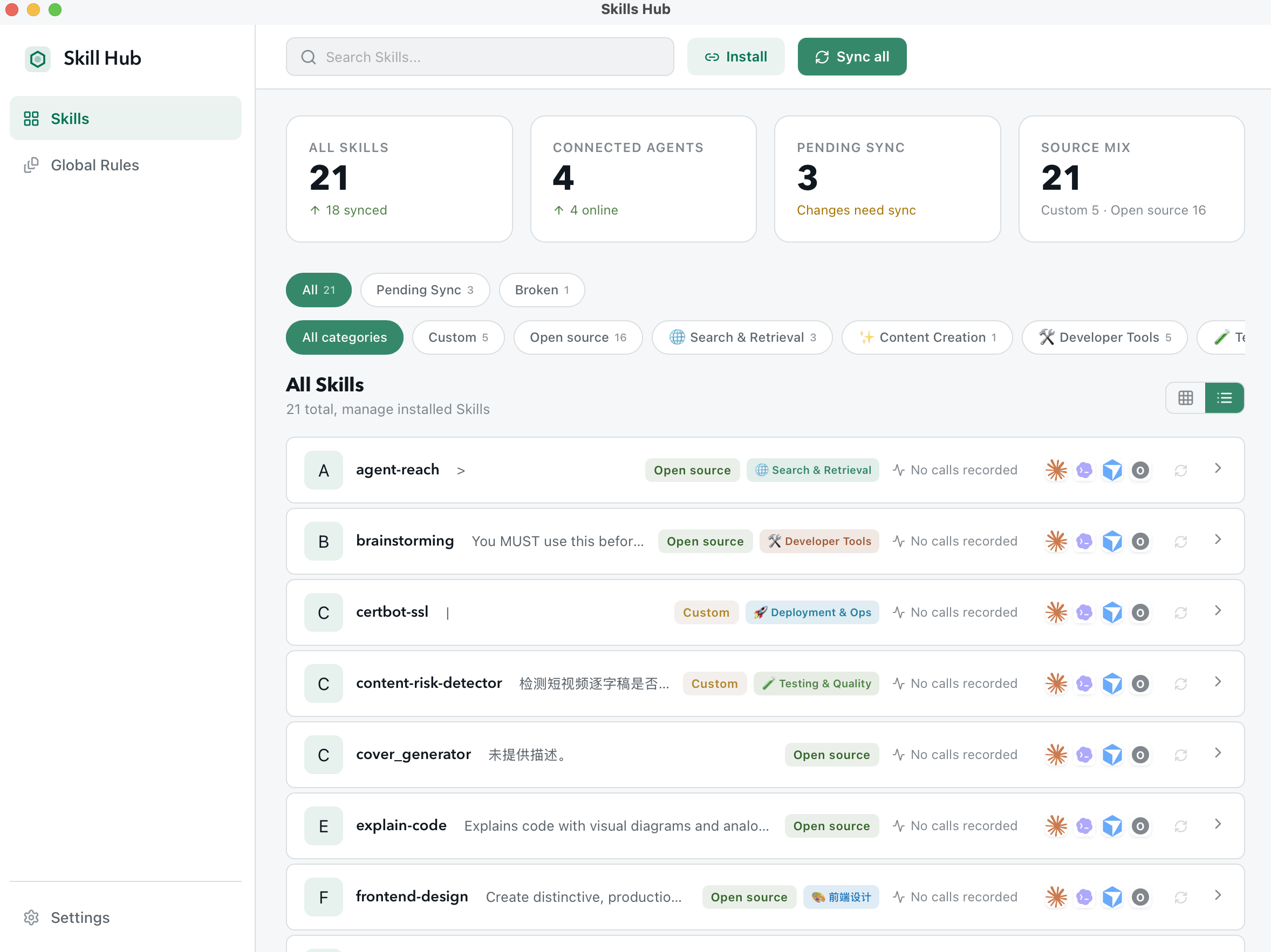 Skills Hub Dashboard — skill management desktop app interface showing agent skill cards, sync status, and filter controls